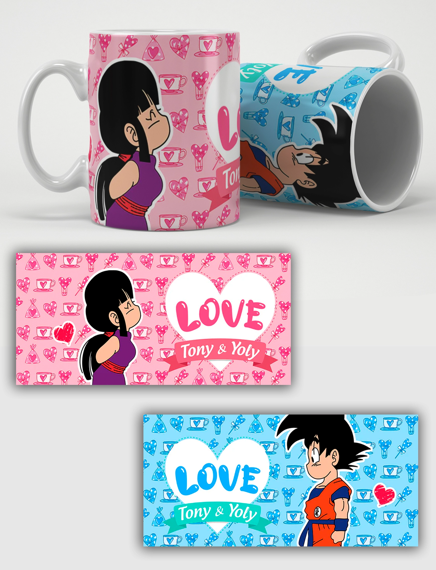 Pack tazas San Valentín Goku y Chichi con nombres personalizados