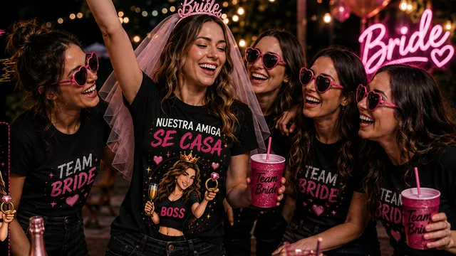 Grupo de amigas con camisetas personalizadas para despedida de soltera