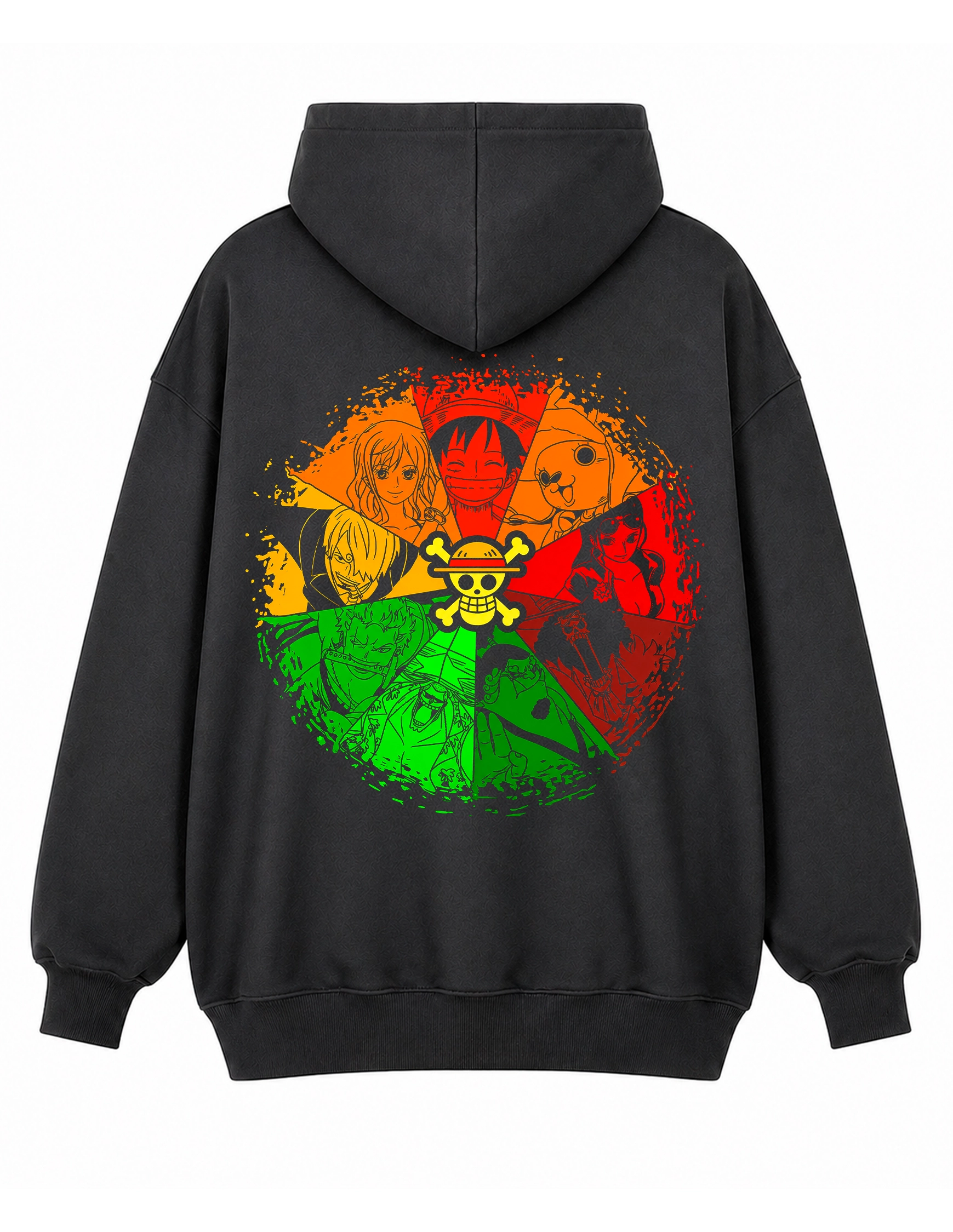 Sudadera oversize One Piece negra con diseño grande en la espalda