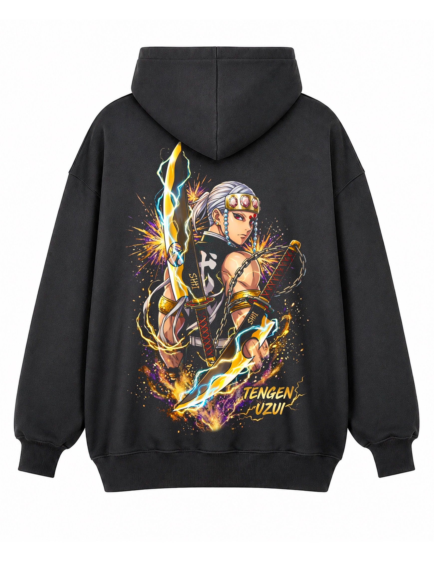 Sudadera oversize Tengen Uzui Demon Slayer negra - diseño trasero